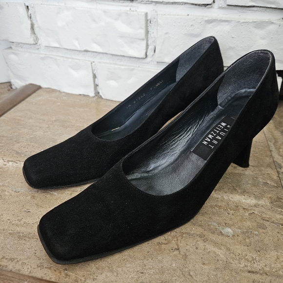 Stuart Weitzman suede pumps size 9.5 black leather heels square toes 3" Heels - Picture 5 of 14